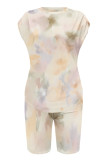 Light Green Casual Gradient Print Flowers Contrast O Neck Short Sleeve Two Pieces