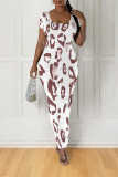 Multicolor Casual Leopard Print Tiger Stripes Contrast O Neck Printed Short Sleeve Dress