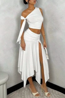 White Sexy Solid Color Slit Ruched Irregular Belted Oblique Collar Sleeveless Two Pieces