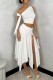 White Sexy Solid Color Slit Ruched Irregular Belted Oblique Collar Sleeveless Two Pieces