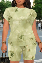 Light Green Casual Gradient Print Flowers Contrast O Neck Short Sleeve Two Pieces