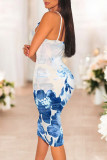 Blue White Sexy Casual Tie Dye Print Gradient Contrast V Neck Printed Dresses
