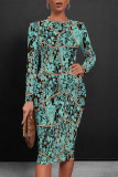 Turquoise Casual Floral Print Gradient Contrast O Neck Printed Dresses