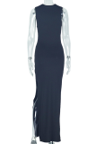 Dark Brown Elegant Solid Color Hollow Out Slit Ruched O Neck Long Dresses