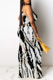Black And White Sexy Floral Print Hollow Out Contrast O Neck Printed Dresses