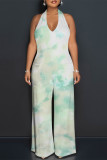 Orange Casual Floral Print Pocket Lace Up Backless Halter Loose Jumpsuits