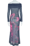 Black Sexy Print Patchwork Off Shoulder Long Dresses