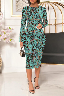 Turquoise Casual Floral Print Gradient Contrast O Neck Printed Dresses