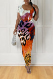 Multicolor Casual Leopard Print Tiger Stripes Contrast O Neck Printed Short Sleeve Dress