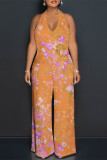 Orange Casual Floral Print Pocket Lace Up Backless Halter Loose Jumpsuits