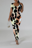 Multicolor Casual Leopard Print Tiger Stripes Contrast O Neck Printed Short Sleeve Dress