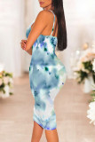 Blue White Sexy Casual Tie Dye Print Gradient Contrast V Neck Printed Dresses