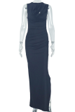 Dark Brown Elegant Solid Color Hollow Out Slit Ruched O Neck Long Dresses