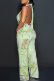 Orange Casual Floral Print Pocket Lace Up Backless Halter Loose Jumpsuits