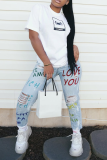 White Casual Animal Print Letters O Neck T-Shirts