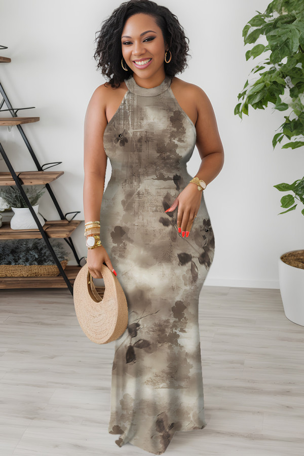 Brownness Sexy Floral Print Hollow Out Contrast O Neck Printed Dresses