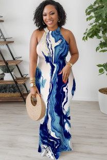 Blue Sexy Floral Print Hollow Out Contrast O Neck Printed Dresses