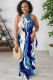 Blue Sexy Floral Print Hollow Out Contrast O Neck Printed Dresses