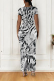 Multicolor Casual Leopard Print Tiger Stripes Contrast O Neck Printed Short Sleeve Dress