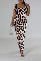 Multicolor Casual Leopard Print Tiger Stripes Contrast O Neck Printed Short Sleeve Dress