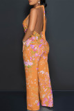 Orange Casual Floral Print Pocket Lace Up Backless Halter Loose Jumpsuits