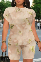 Deep Pink Casual Gradient Print Flowers Contrast O Neck Short Sleeve Two Pieces