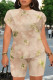 Deep Pink Casual Gradient Print Flowers Contrast O Neck Short Sleeve Two Pieces