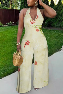 Grass Green Casual Floral Print Pocket Lace Up Backless Halter Loose Jumpsuits