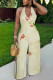 Grass Green Casual Floral Print Pocket Lace Up Backless Halter Loose Jumpsuits