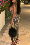 Black Sexy Print Patchwork Backless Halter Long Dresses