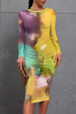 Turquoise Casual Floral Print Gradient Contrast O Neck Printed Dresses
