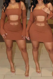 Camel Sexy Solid Color Hollow Out Patchwork Square Neck Wrapped Skirt Dresses
