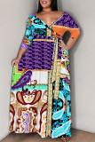 Rose Purple Casual Graffiti Print Lace Up Contrast V Neck Printed Plus Size Dresses