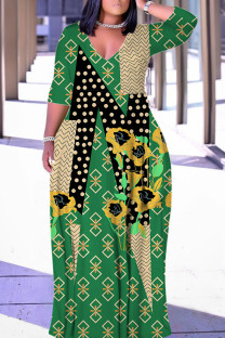 Green Casual Graffiti Print Lace Up Contrast V Neck Printed Plus Size Dresses