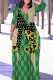 Green Casual Graffiti Print Lace Up Contrast V Neck Printed Plus Size Dresses