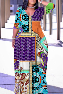 Blue Purple Casual Graffiti Print Lace Up Contrast V Neck Printed Plus Size Dresses