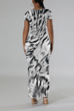 Multicolor Casual Leopard Print Tiger Stripes Contrast O Neck Printed Short Sleeve Dress