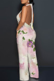 Orange Casual Floral Print Pocket Lace Up Backless Halter Loose Jumpsuits