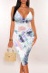 White Green Sexy Casual Tie Dye Print Gradient Contrast V Neck Printed Dresses
