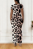 Multicolor Casual Leopard Print Tiger Stripes Contrast O Neck Printed Short Sleeve Dress