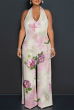 Orange Casual Floral Print Pocket Lace Up Backless Halter Loose Jumpsuits