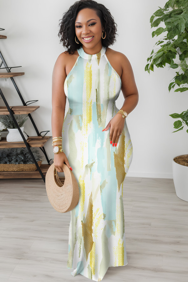 White Sexy Floral Print Hollow Out Contrast O Neck Printed Dresses