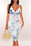 Blue White Sexy Casual Tie Dye Print Gradient Contrast V Neck Printed Dresses