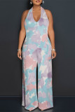 Orange Casual Floral Print Pocket Lace Up Backless Halter Loose Jumpsuits