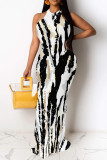 Black And White Sexy Floral Print Hollow Out Contrast O Neck Printed Dresses