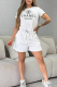 White Casual Letters Draw String Pocket Patchwork O Neck Short Sleeve Two Pieces