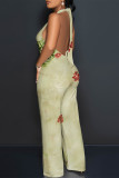 Orange Casual Floral Print Pocket Lace Up Backless Halter Loose Jumpsuits