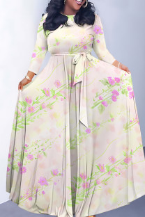 Pink Elegant Floral Print Gradient Lace Up O Neck Printed Dresses