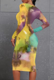 Turquoise Casual Floral Print Gradient Contrast O Neck Printed Dresses