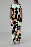 Multicolor Casual Leopard Print Tiger Stripes Contrast O Neck Printed Short Sleeve Dress